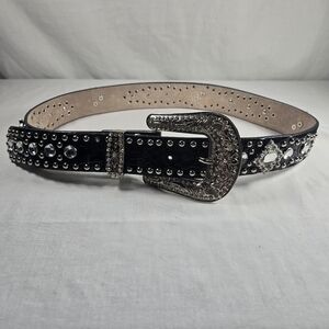 Leather Belt Rhinestones Bling Black Silver Cowgirl Western Womens 30 To 34"